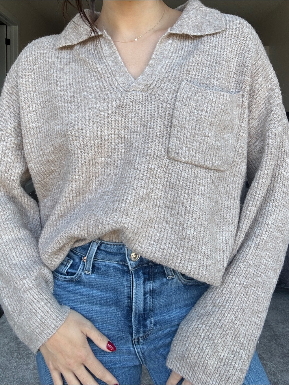 SHEIN Beige Ribbed V-Neck Collar Pocket Sweater